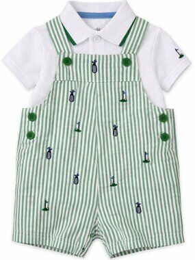 NWT Little Me Baby Boy 2 Piece Romper Set Green Seersucker Golf Shortall Outfit